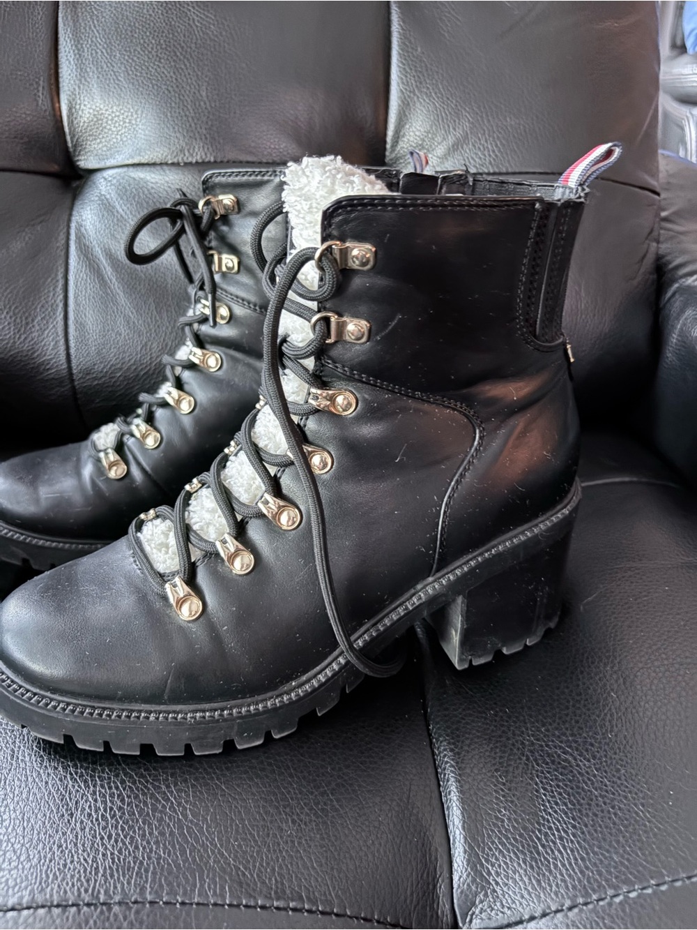 Tommy Hilfiger Black Lace-Up Chunky Heel Boots with Shearling Trim